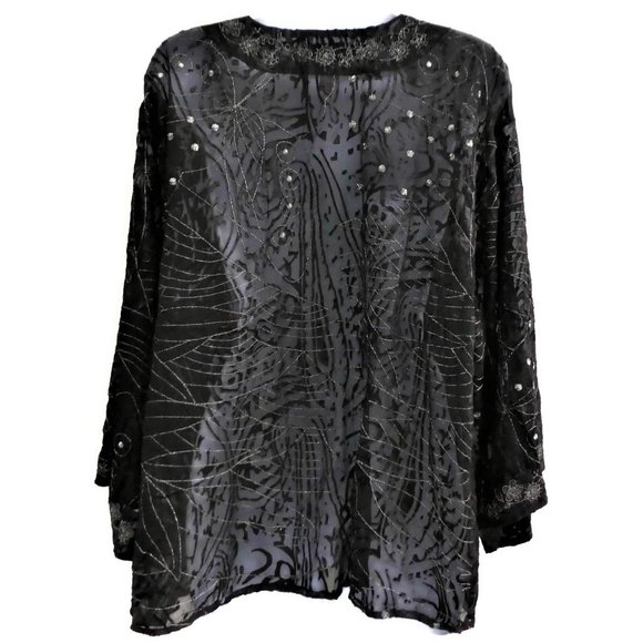 SiLK Rayon Metallic Blend Chicos Kimono Jacket Sheer Lame Black Floral 2 L 12 - Picture 3 of 8